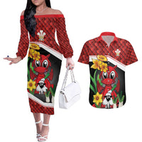 Saint David's Day Personalized Couples Matching Off The Shoulder Long Sleeve Dress and Hawaiian Shirt Red Welsh Dragon Daffodil Sheep Leak - Wonder Print Shop