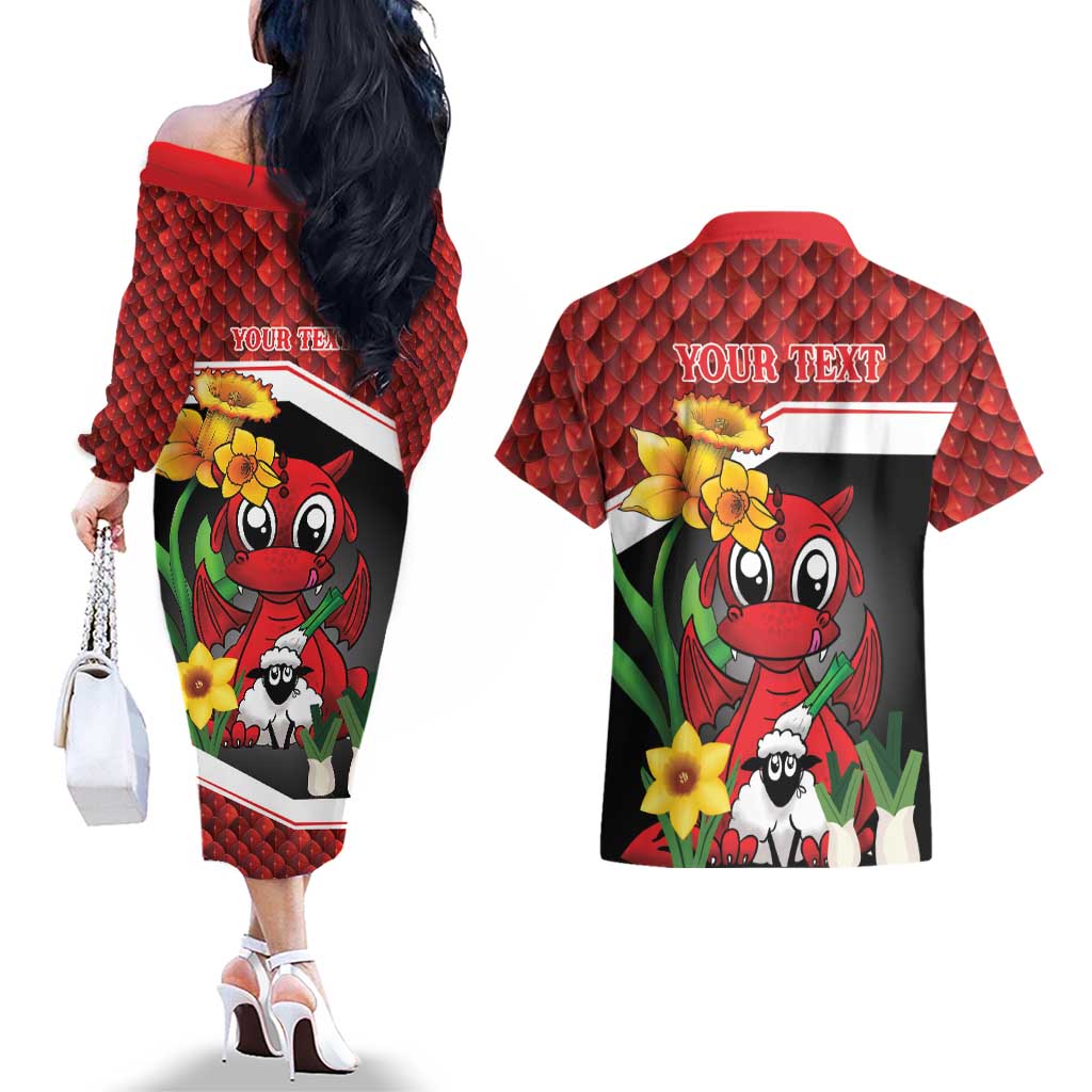 Saint David's Day Personalized Couples Matching Off The Shoulder Long Sleeve Dress and Hawaiian Shirt Red Welsh Dragon Daffodil Sheep Leak - Wonder Print Shop