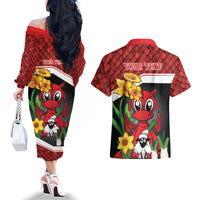 Saint David's Day Personalized Couples Matching Off The Shoulder Long Sleeve Dress and Hawaiian Shirt Red Welsh Dragon Daffodil Sheep Leak - Wonder Print Shop
