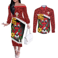 Saint David's Day Personalized Couples Matching Off The Shoulder Long Sleeve Dress and Long Sleeve Button Shirt Red Welsh Dragon Daffodil Sheep Leak - Wonder Print Shop