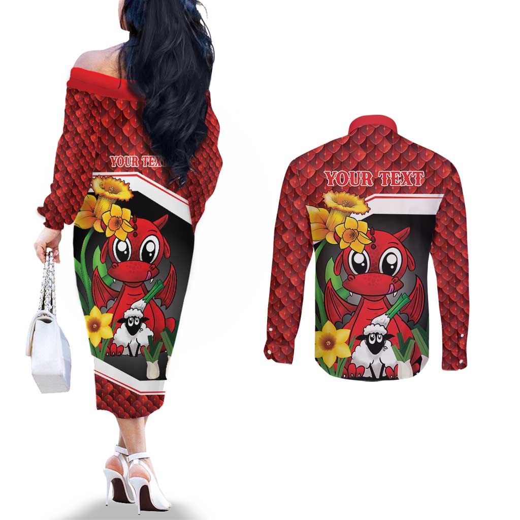 Saint David's Day Personalized Couples Matching Off The Shoulder Long Sleeve Dress and Long Sleeve Button Shirt Red Welsh Dragon Daffodil Sheep Leak - Wonder Print Shop