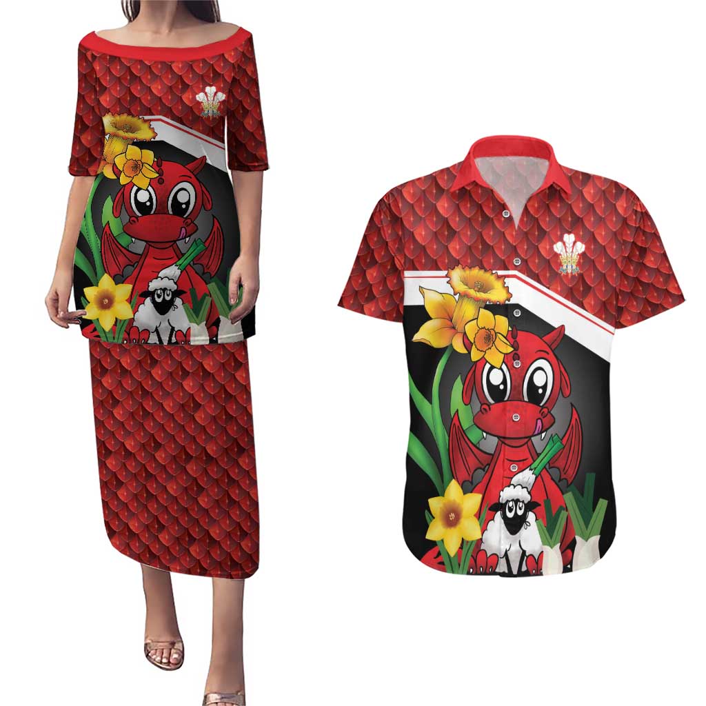 Saint David's Day Personalized Couples Matching Puletasi and Hawaiian Shirt Red Welsh Dragon Daffodil Sheep Leak - Wonder Print Shop