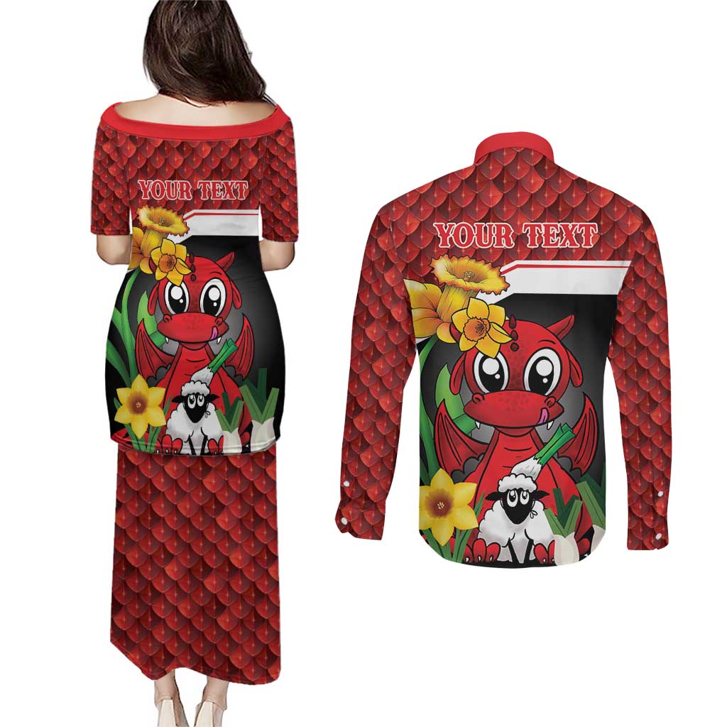 Saint David's Day Personalized Couples Matching Puletasi and Long Sleeve Button Shirt Red Welsh Dragon Daffodil Sheep Leak - Wonder Print Shop