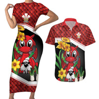 Saint David's Day Personalized Couples Matching Short Sleeve Bodycon Dress and Hawaiian Shirt Red Welsh Dragon Daffodil Sheep Leak - Wonder Print Shop