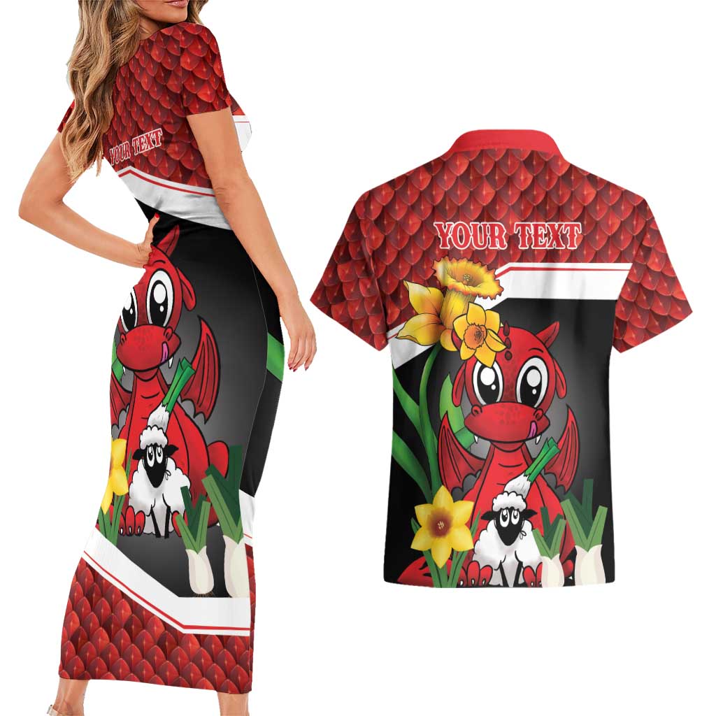 Saint David's Day Personalized Couples Matching Short Sleeve Bodycon Dress and Hawaiian Shirt Red Welsh Dragon Daffodil Sheep Leak - Wonder Print Shop