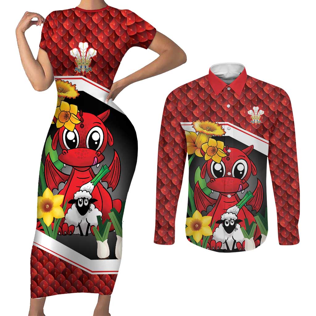Saint David's Day Personalized Couples Matching Short Sleeve Bodycon Dress and Long Sleeve Button Shirt Red Welsh Dragon Daffodil Sheep Leak - Wonder Print Shop