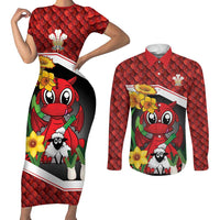Saint David's Day Personalized Couples Matching Short Sleeve Bodycon Dress and Long Sleeve Button Shirt Red Welsh Dragon Daffodil Sheep Leak - Wonder Print Shop