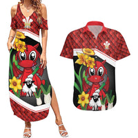 Saint David's Day Personalized Couples Matching Summer Maxi Dress and Hawaiian Shirt Red Welsh Dragon Daffodil Sheep Leak - Wonder Print Shop