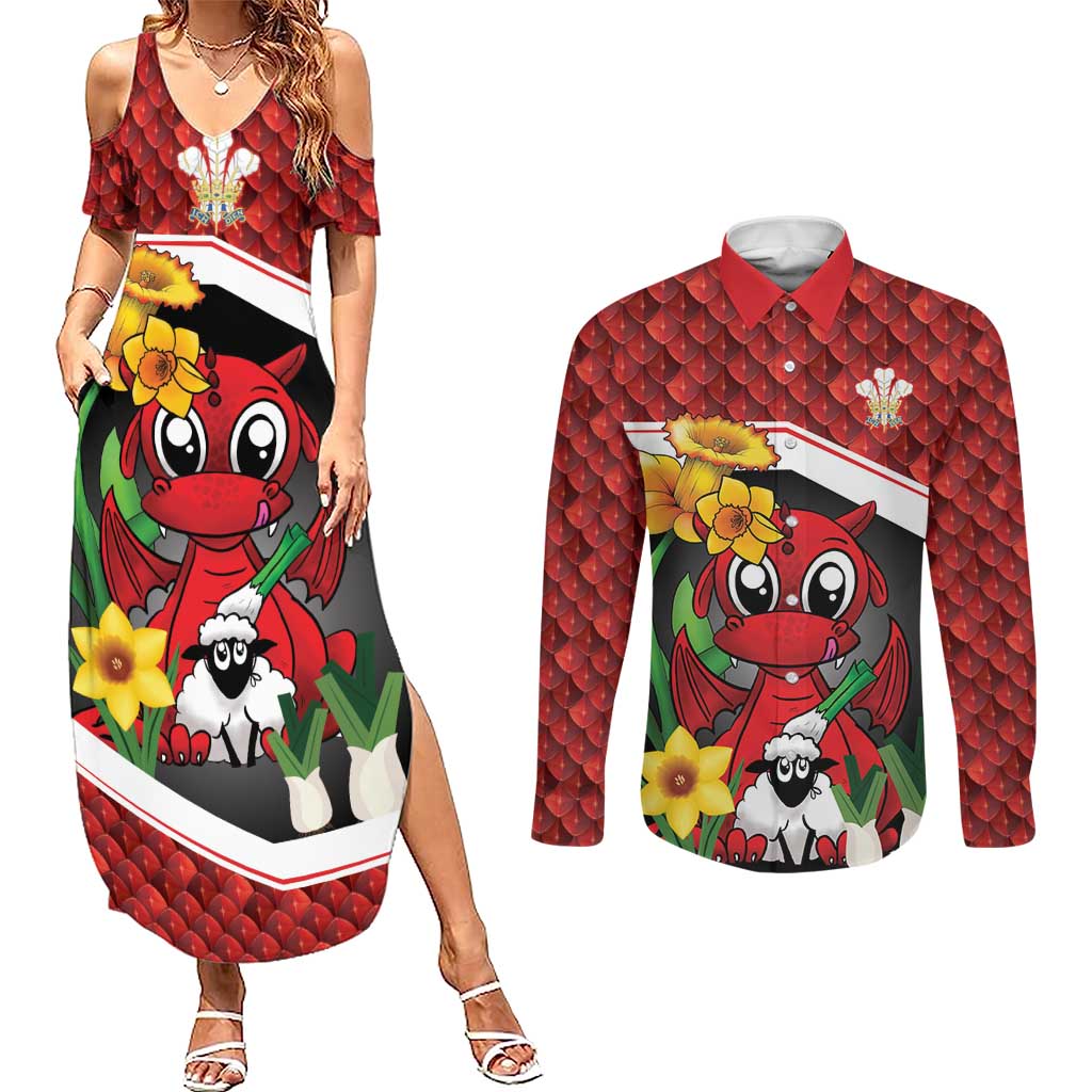 Saint David's Day Personalized Couples Matching Summer Maxi Dress and Long Sleeve Button Shirt Red Welsh Dragon Daffodil Sheep Leak - Wonder Print Shop