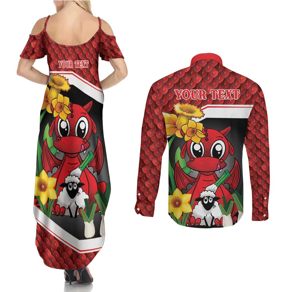Saint David's Day Personalized Couples Matching Summer Maxi Dress and Long Sleeve Button Shirt Red Welsh Dragon Daffodil Sheep Leak - Wonder Print Shop