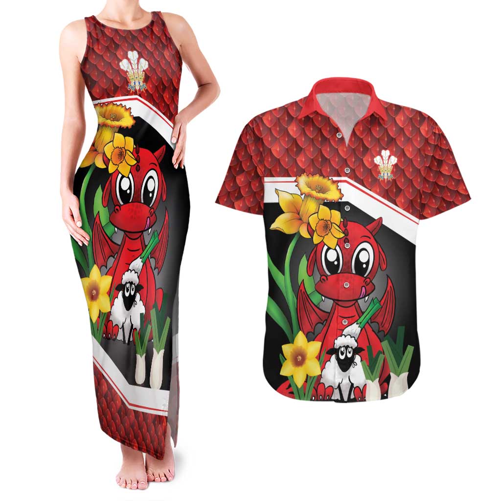 Saint David's Day Personalized Couples Matching Tank Maxi Dress and Hawaiian Shirt Red Welsh Dragon Daffodil Sheep Leak - Wonder Print Shop