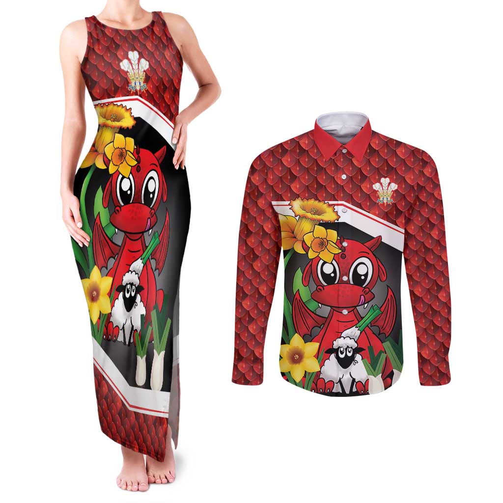 Saint David's Day Personalized Couples Matching Tank Maxi Dress and Long Sleeve Button Shirt Red Welsh Dragon Daffodil Sheep Leak - Wonder Print Shop