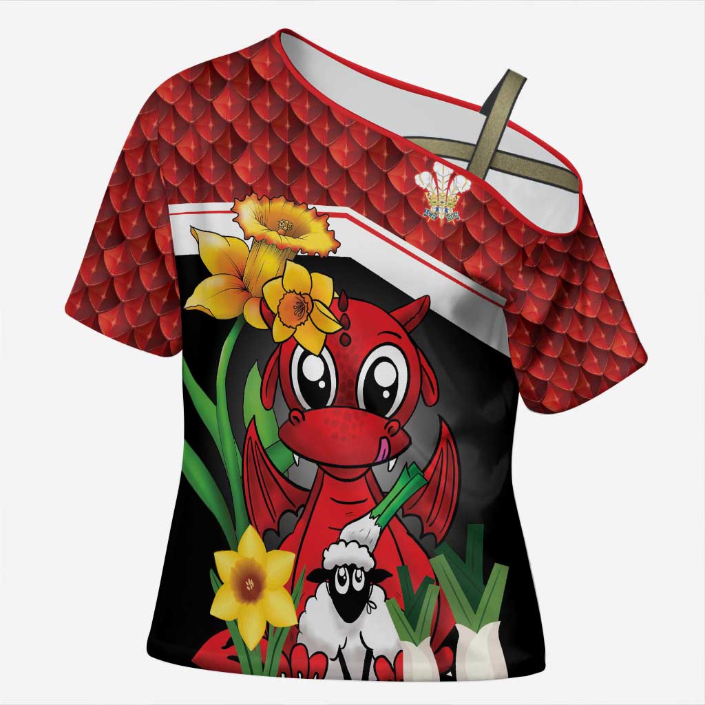 Saint David's Day Personalized Cross Shoulder Shirt Red Welsh Dragon Daffodil Sheep Leak - Wonder Print Shop