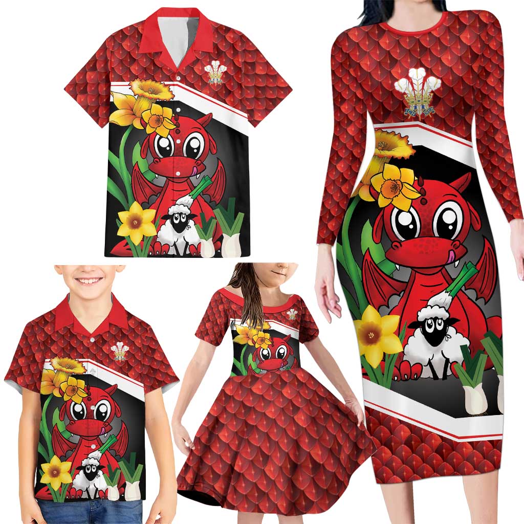 Saint David's Day Personalized Family Matching Long Sleeve Bodycon Dress and Hawaiian Shirt Red Welsh Dragon Daffodil Sheep Leak - Wonder Print Shop