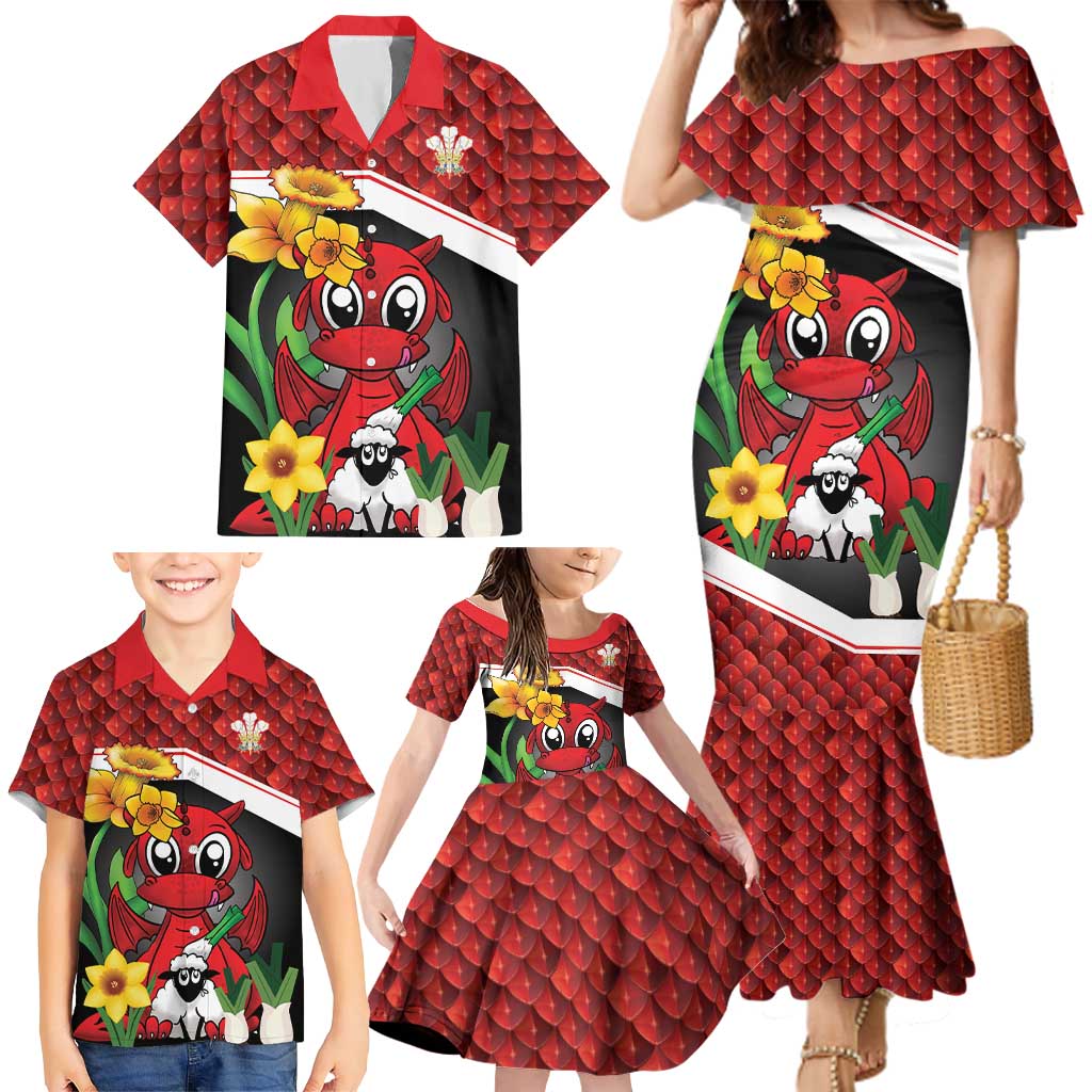 Saint David's Day Personalized Family Matching Mermaid Dress and Hawaiian Shirt Red Welsh Dragon Daffodil Sheep Leak - Wonder Print Shop