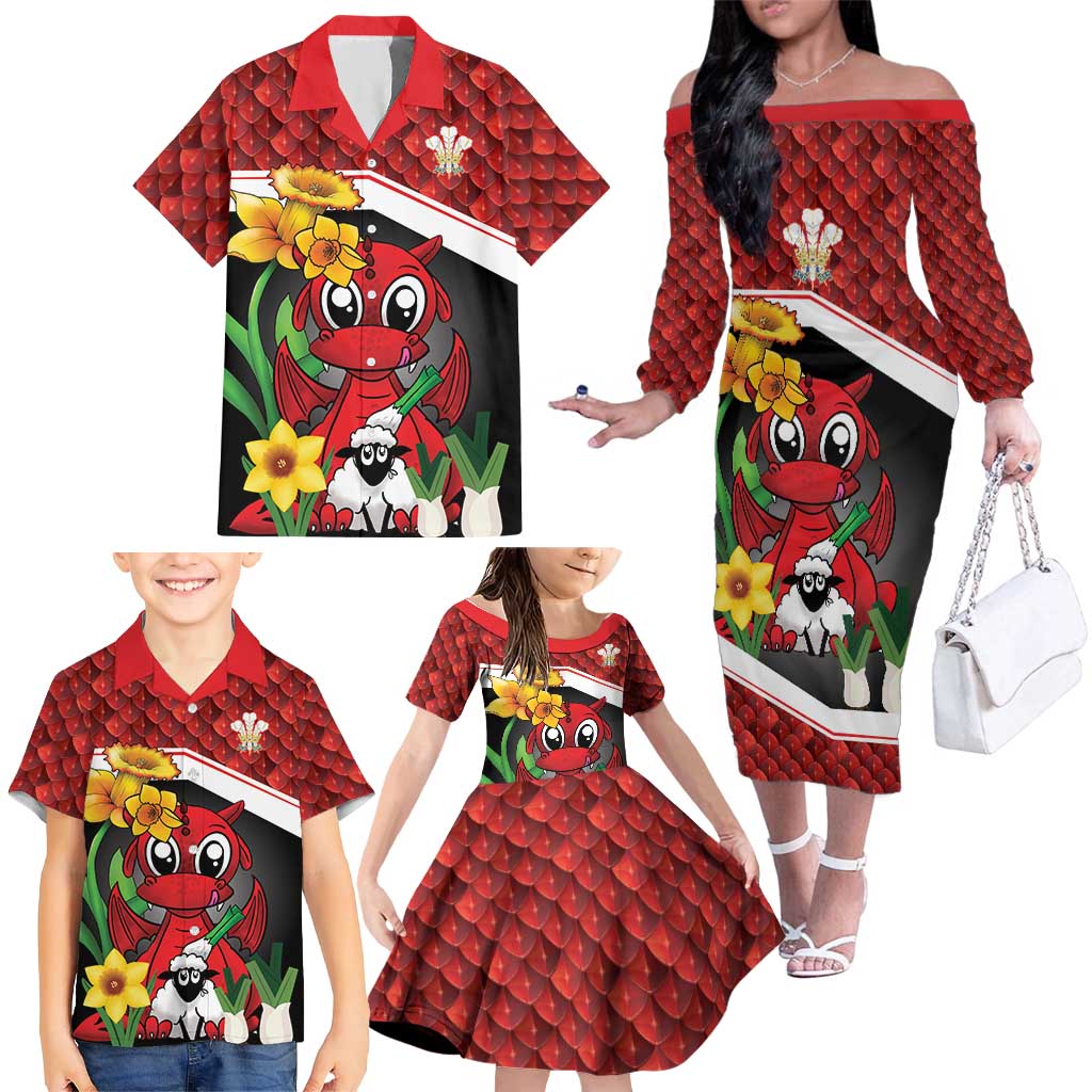 Saint David's Day Personalized Family Matching Off The Shoulder Long Sleeve Dress and Hawaiian Shirt Red Welsh Dragon Daffodil Sheep Leak - Wonder Print Shop