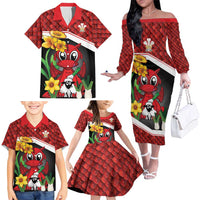 Saint David's Day Personalized Family Matching Off The Shoulder Long Sleeve Dress and Hawaiian Shirt Red Welsh Dragon Daffodil Sheep Leak - Wonder Print Shop