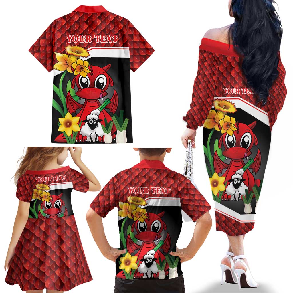 Saint David's Day Personalized Family Matching Off The Shoulder Long Sleeve Dress and Hawaiian Shirt Red Welsh Dragon Daffodil Sheep Leak - Wonder Print Shop
