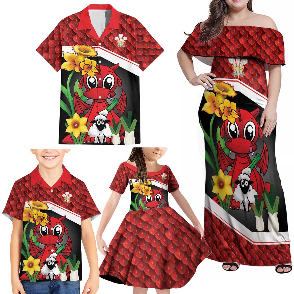 Saint David's Day Personalized Family Matching Off Shoulder Maxi Dress and Hawaiian Shirt Red Welsh Dragon Daffodil Sheep Leak - Wonder Print Shop