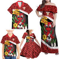 Saint David's Day Personalized Family Matching Off Shoulder Maxi Dress and Hawaiian Shirt Red Welsh Dragon Daffodil Sheep Leak - Wonder Print Shop