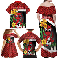 Saint David's Day Personalized Family Matching Off Shoulder Maxi Dress and Hawaiian Shirt Red Welsh Dragon Daffodil Sheep Leak - Wonder Print Shop