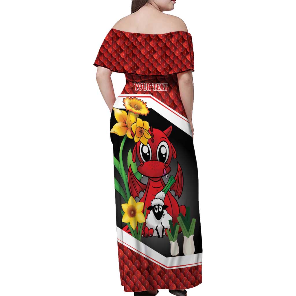 Saint David's Day Personalized Family Matching Off Shoulder Maxi Dress and Hawaiian Shirt Red Welsh Dragon Daffodil Sheep Leak - Wonder Print Shop
