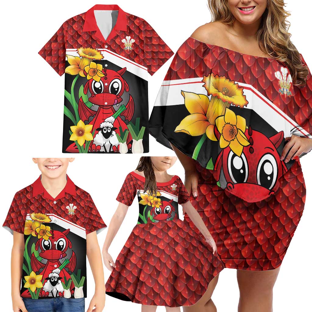 Saint David's Day Personalized Family Matching Off Shoulder Short Dress and Hawaiian Shirt Red Welsh Dragon Daffodil Sheep Leak - Wonder Print Shop