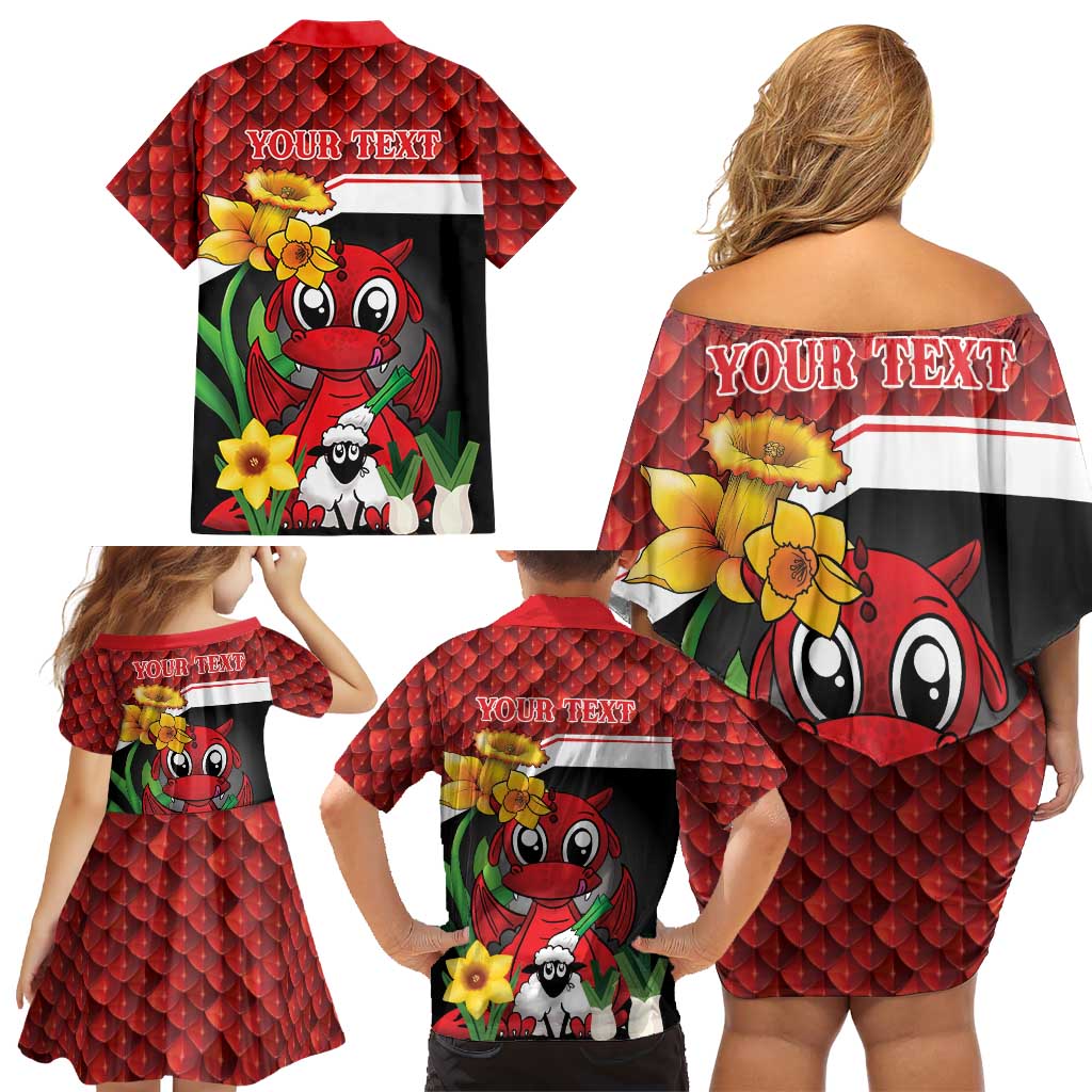 Saint David's Day Personalized Family Matching Off Shoulder Short Dress and Hawaiian Shirt Red Welsh Dragon Daffodil Sheep Leak - Wonder Print Shop