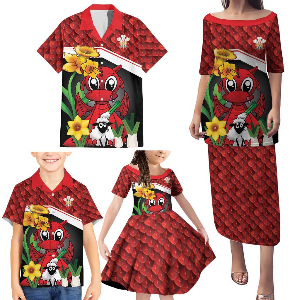Saint David's Day Personalized Family Matching Puletasi and Hawaiian Shirt Red Welsh Dragon Daffodil Sheep Leak - Wonder Print Shop
