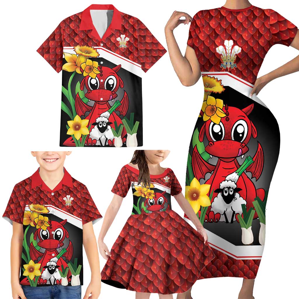 Saint David's Day Personalized Family Matching Short Sleeve Bodycon Dress and Hawaiian Shirt Red Welsh Dragon Daffodil Sheep Leak - Wonder Print Shop