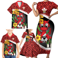Saint David's Day Personalized Family Matching Short Sleeve Bodycon Dress and Hawaiian Shirt Red Welsh Dragon Daffodil Sheep Leak - Wonder Print Shop