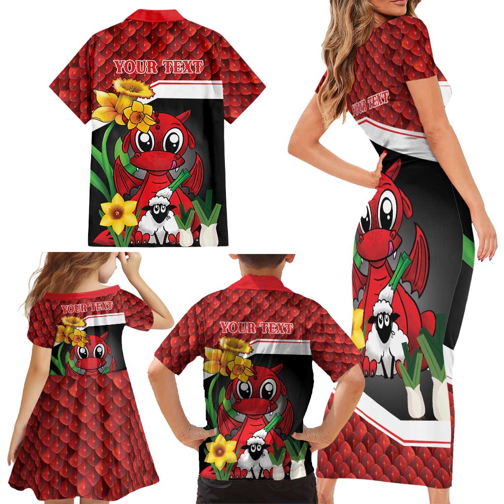 Saint David's Day Personalized Family Matching Short Sleeve Bodycon Dress and Hawaiian Shirt Red Welsh Dragon Daffodil Sheep Leak - Wonder Print Shop