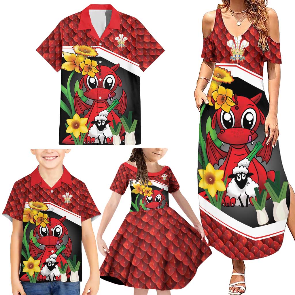 Saint David's Day Personalized Family Matching Summer Maxi Dress and Hawaiian Shirt Red Welsh Dragon Daffodil Sheep Leak - Wonder Print Shop