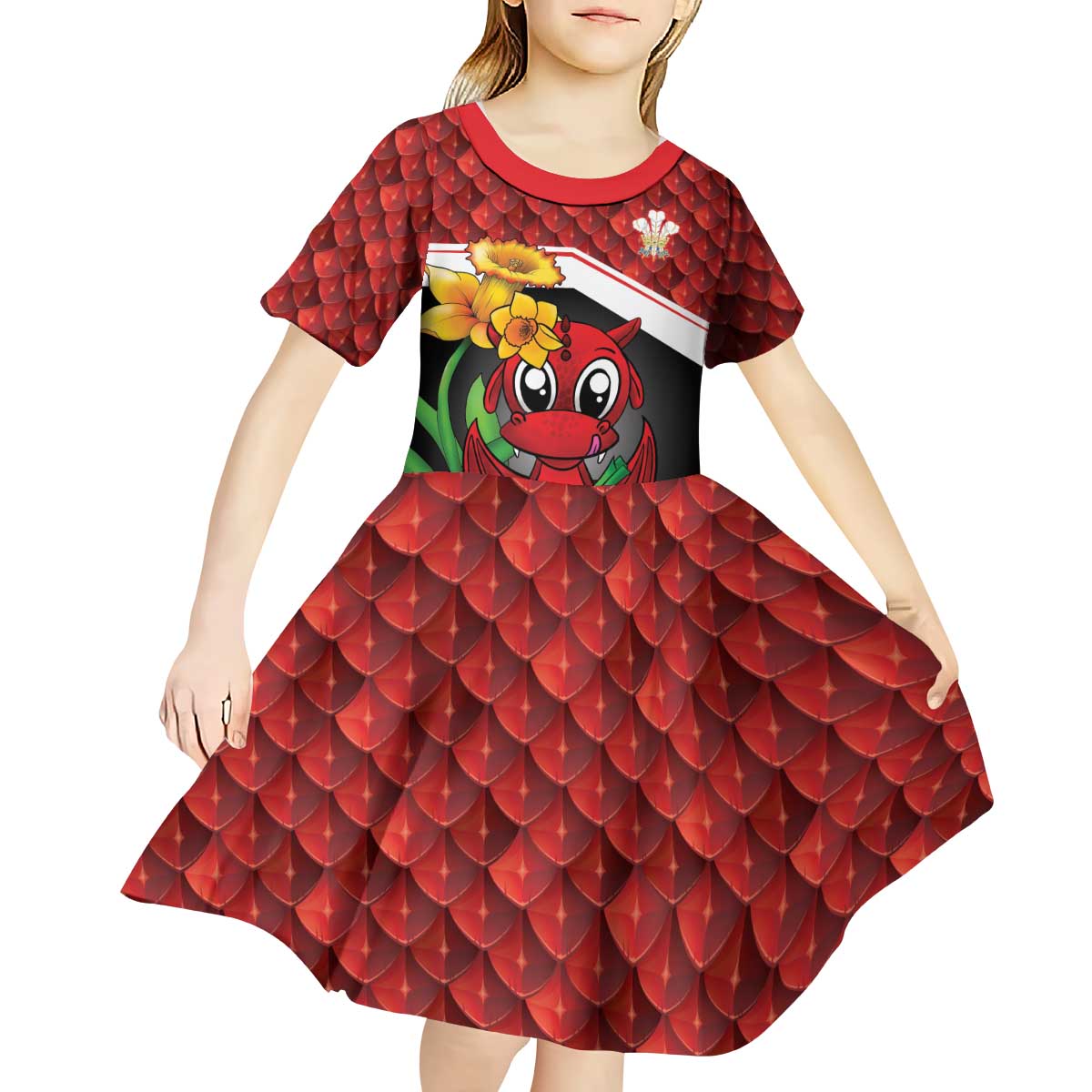 Saint David's Day Personalized Kid Short Sleeve Dress Red Welsh Dragon Daffodil Sheep Leak - Wonder Print Shop