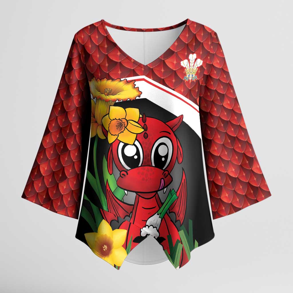 Saint David's Day Personalized Kimono Sleeve Blouse Red Welsh Dragon Daffodil Sheep Leak - Wonder Print Shop