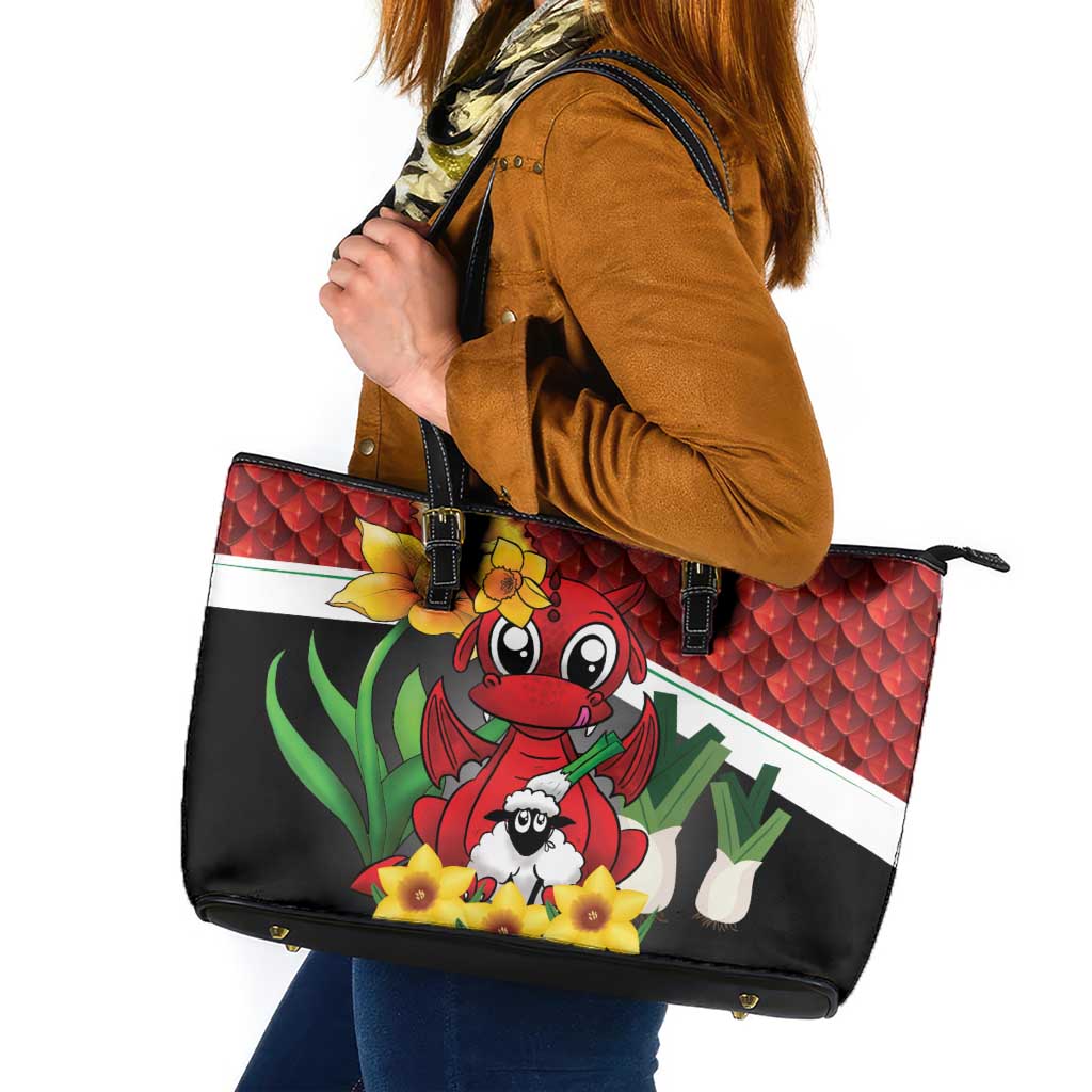 Saint David's Day Leather Tote Bag Red Welsh Dragon Daffodil Sheep Leak - Wonder Print Shop