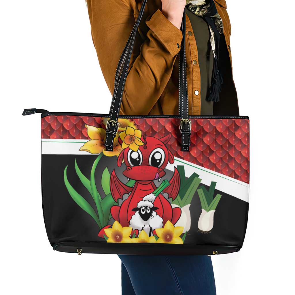 Saint David's Day Leather Tote Bag Red Welsh Dragon Daffodil Sheep Leak - Wonder Print Shop