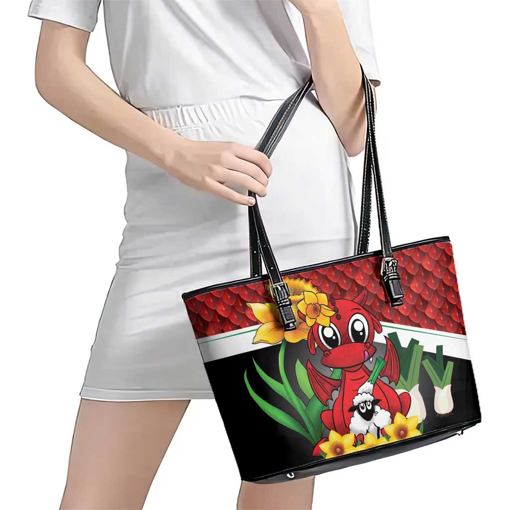 Saint David's Day Leather Tote Bag Red Welsh Dragon Daffodil Sheep Leak - Wonder Print Shop