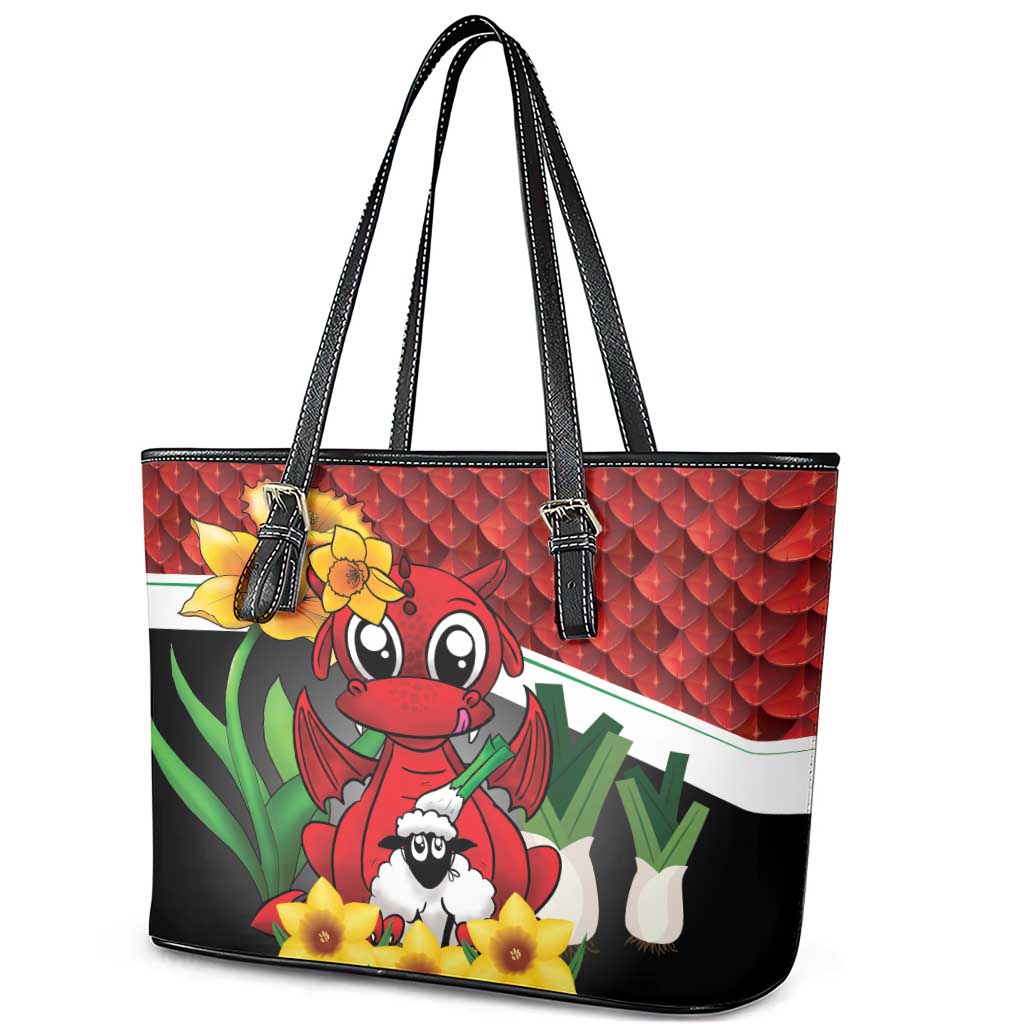 Saint David's Day Leather Tote Bag Red Welsh Dragon Daffodil Sheep Leak - Wonder Print Shop