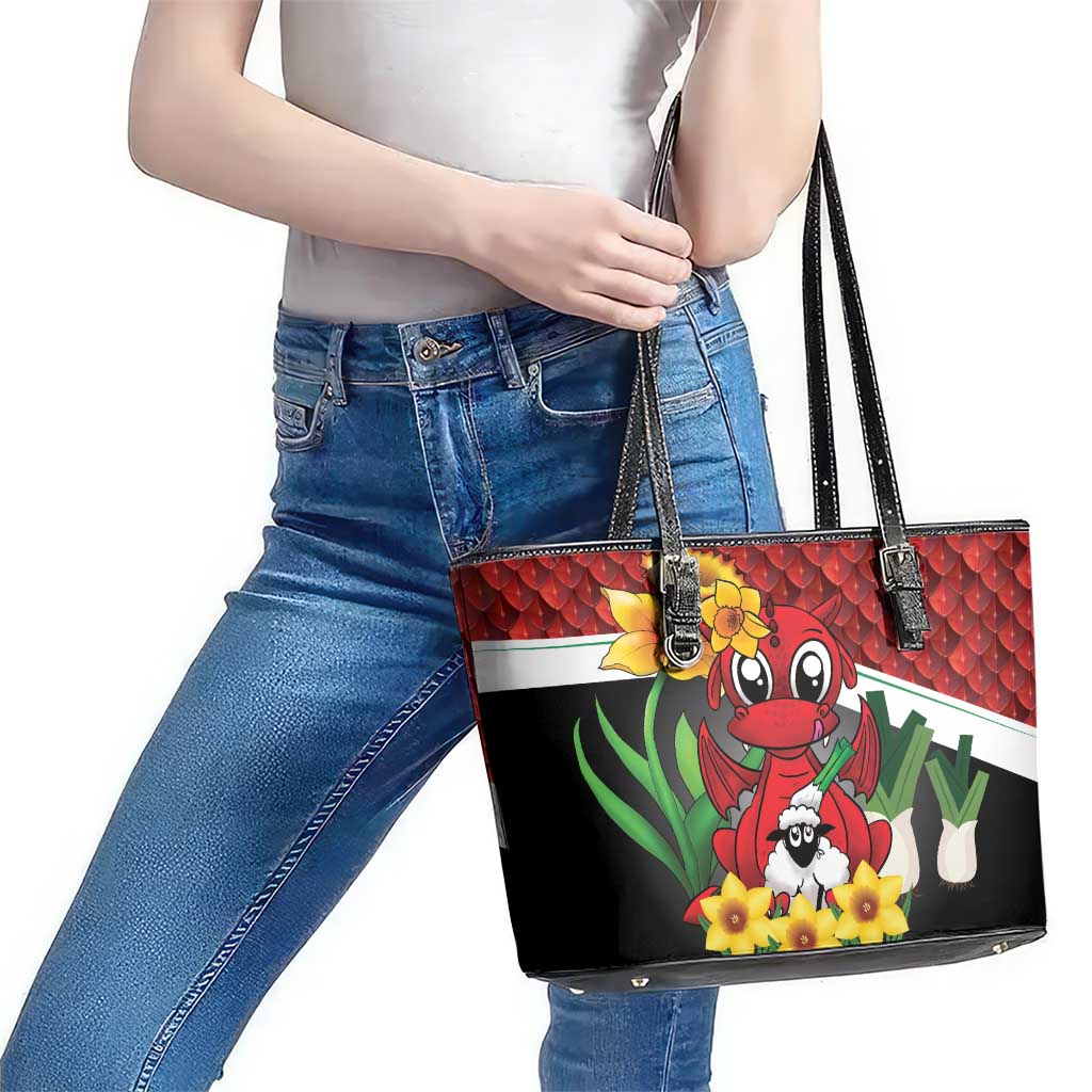 Saint David's Day Leather Tote Bag Red Welsh Dragon Daffodil Sheep Leak - Wonder Print Shop