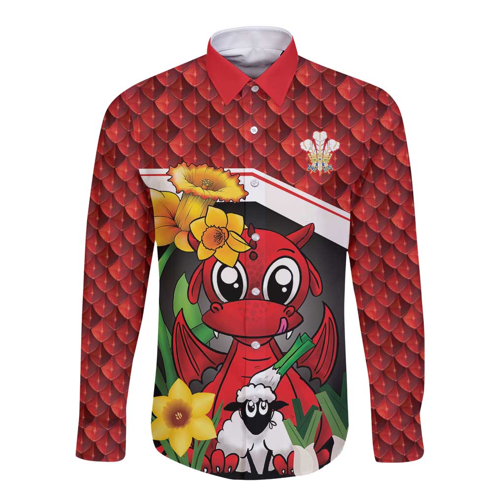 Saint David's Day Personalized Long Sleeve Button Shirt Red Welsh Dragon Daffodil Sheep Leak - Wonder Print Shop