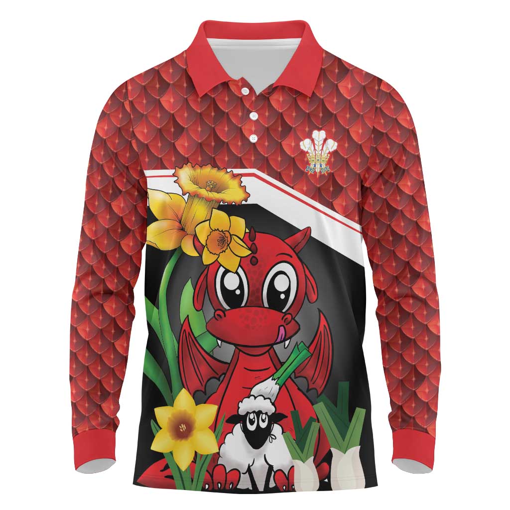 Saint David's Day Personalized Long Sleeve Polo Shirt Red Welsh Dragon Daffodil Sheep Leak - Wonder Print Shop
