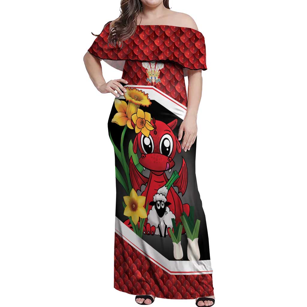 Saint David's Day Personalized Off Shoulder Maxi Dress Red Welsh Dragon Daffodil Sheep Leak - Wonder Print Shop