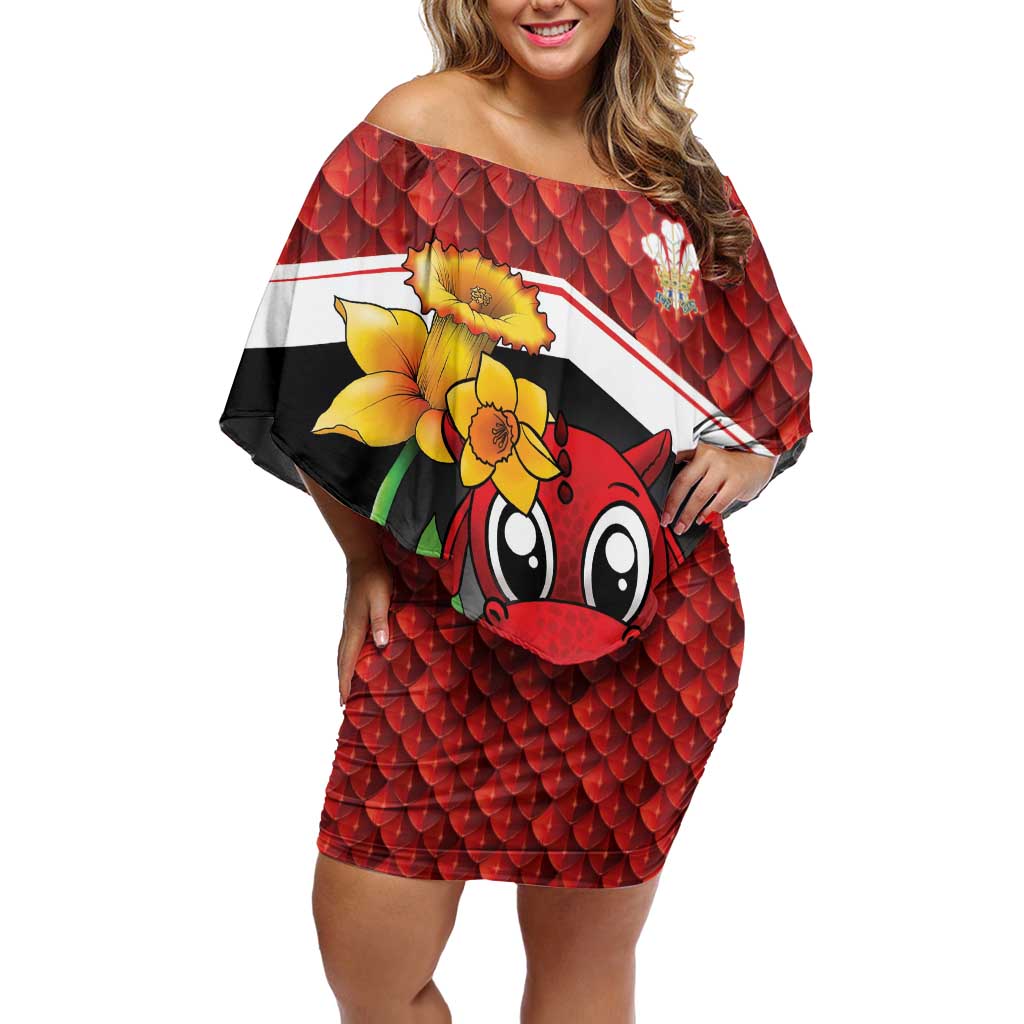 Saint David's Day Personalized Off Shoulder Short Dress Red Welsh Dragon Daffodil Sheep Leak - Wonder Print Shop