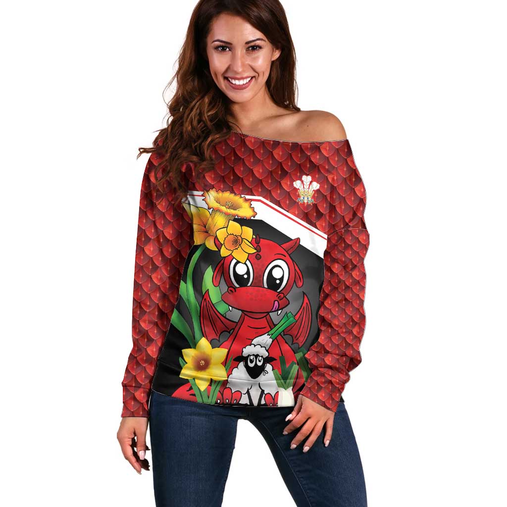 Saint David's Day Personalized Off Shoulder Sweater Red Welsh Dragon Daffodil Sheep Leak - Wonder Print Shop