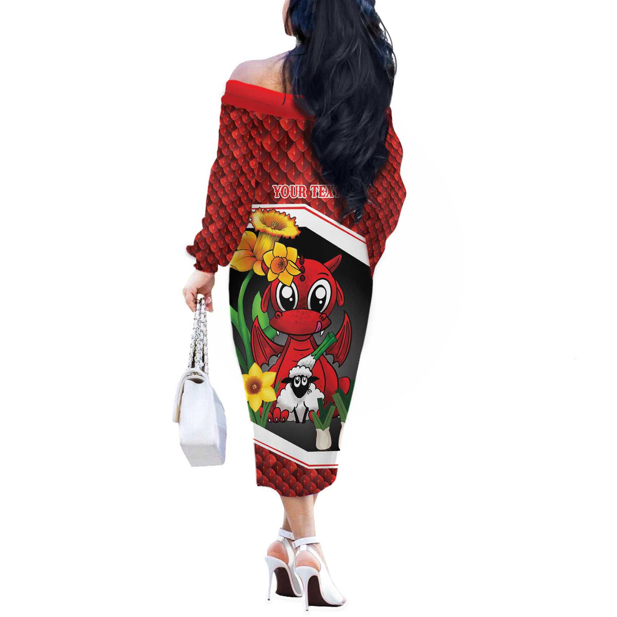 Saint David's Day Personalized Off The Shoulder Long Sleeve Dress Red Welsh Dragon Daffodil Sheep Leak - Wonder Print Shop