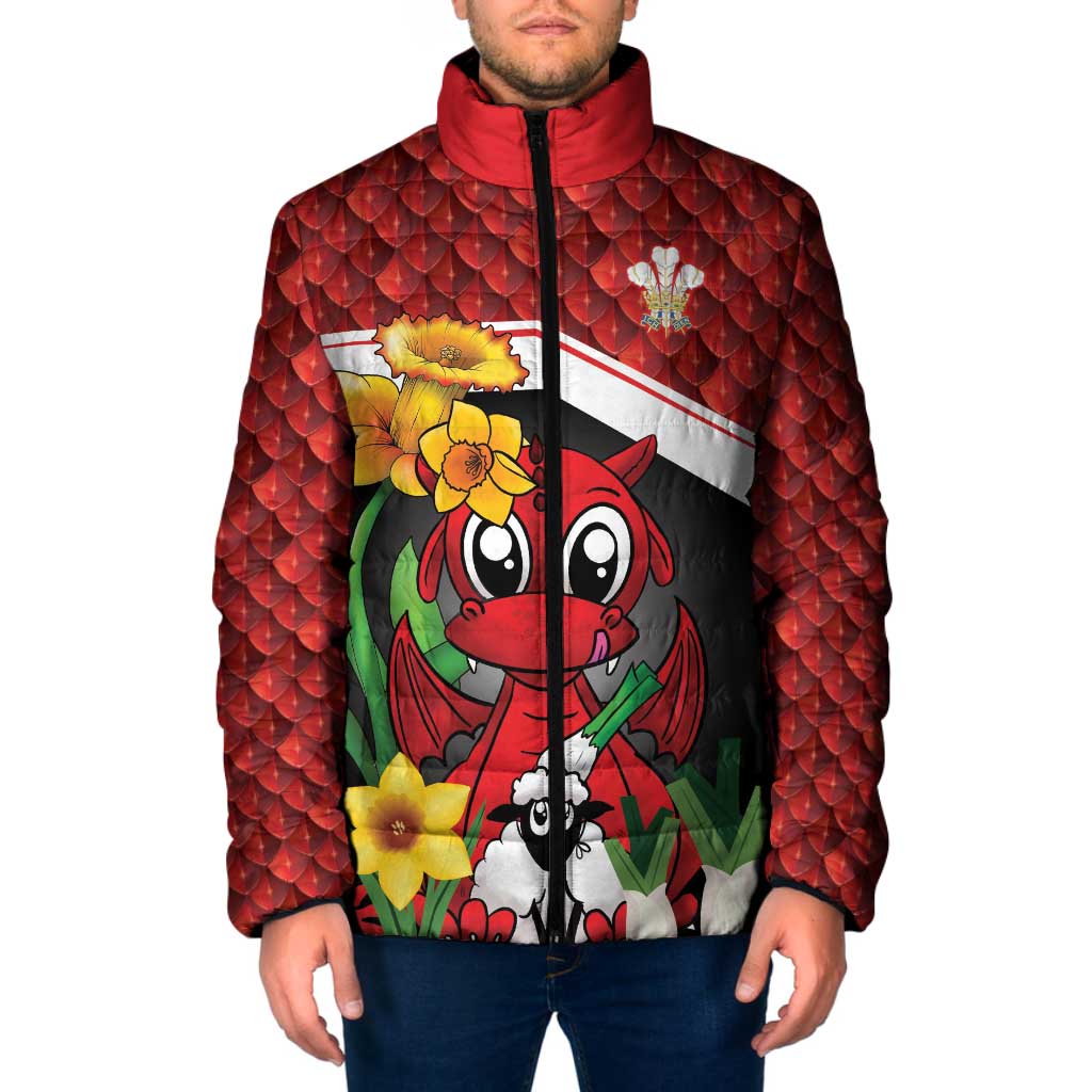 Saint David's Day Personalized Padded Jacket Red Welsh Dragon Daffodil Sheep Leak - Wonder Print Shop