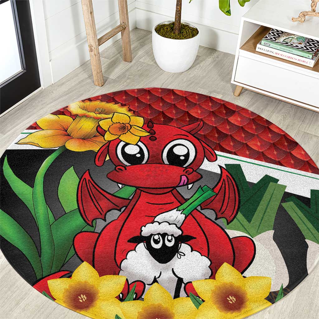 Saint David's Day Round Carpet Red Welsh Dragon Daffodil Sheep Leak - Wonder Print Shop