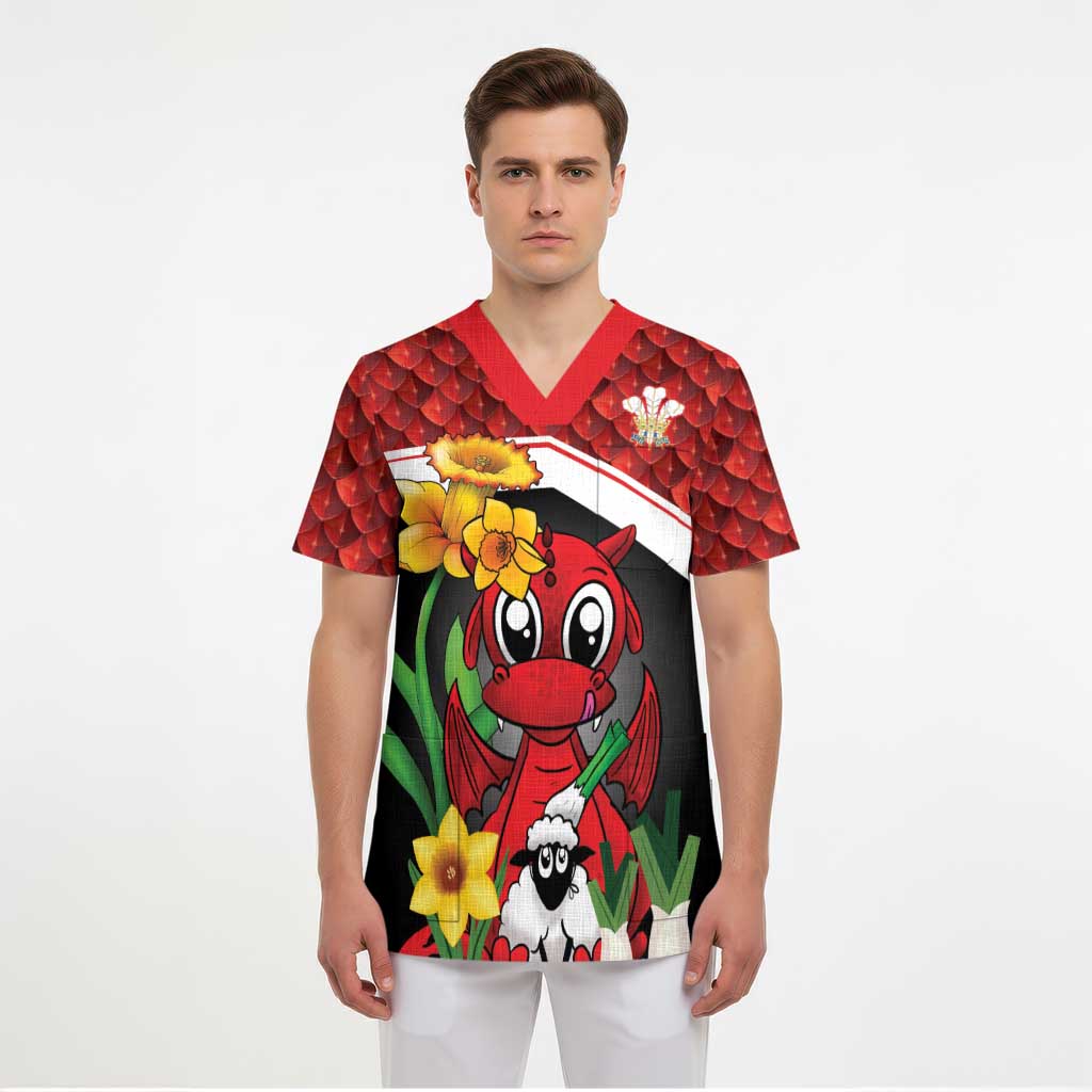 Saint David's Day Personalized Scrub Top Red Welsh Dragon Daffodil Sheep Leak - Wonder Print Shop