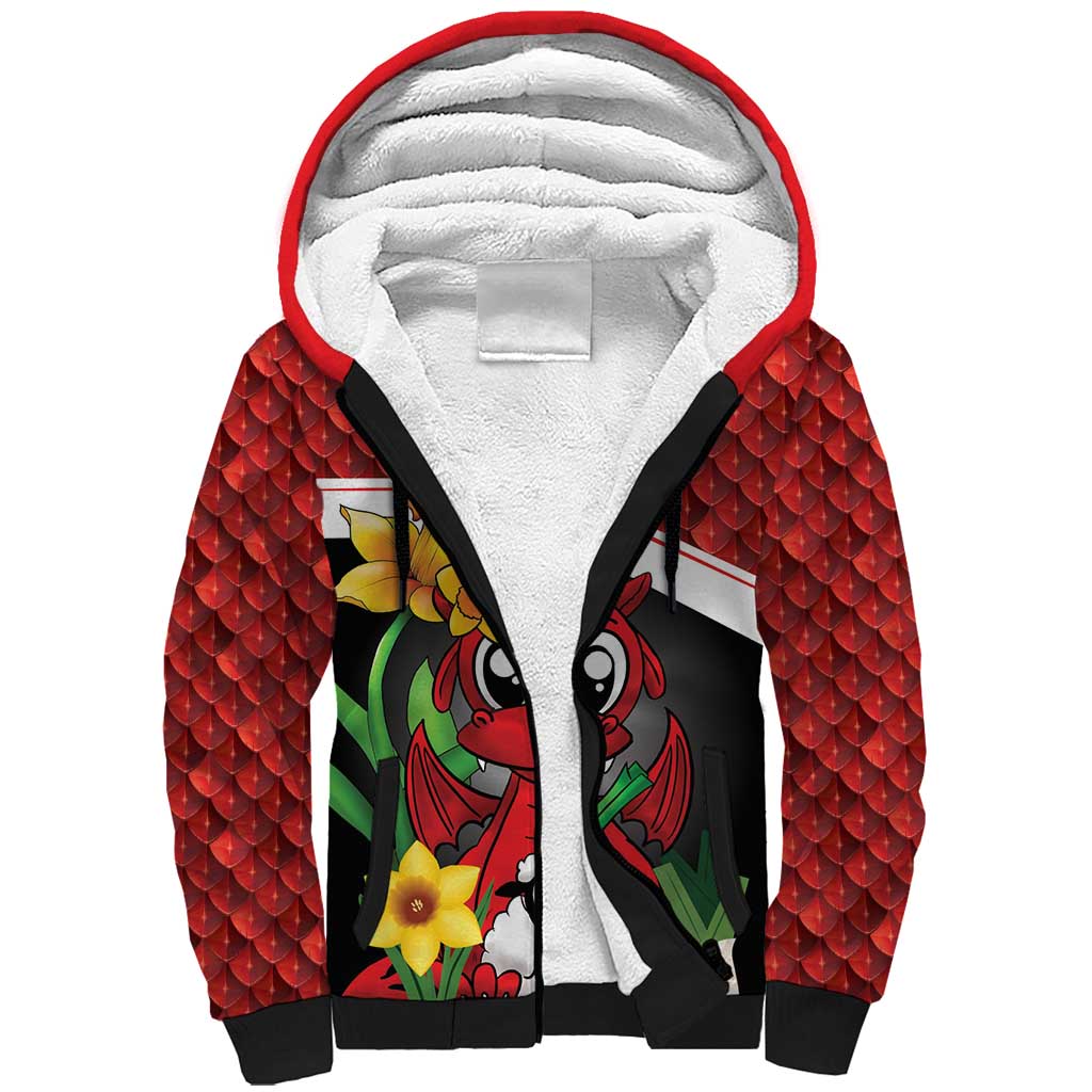 Saint David's Day Personalized Sherpa Hoodie Red Welsh Dragon Daffodil Sheep Leak - Wonder Print Shop